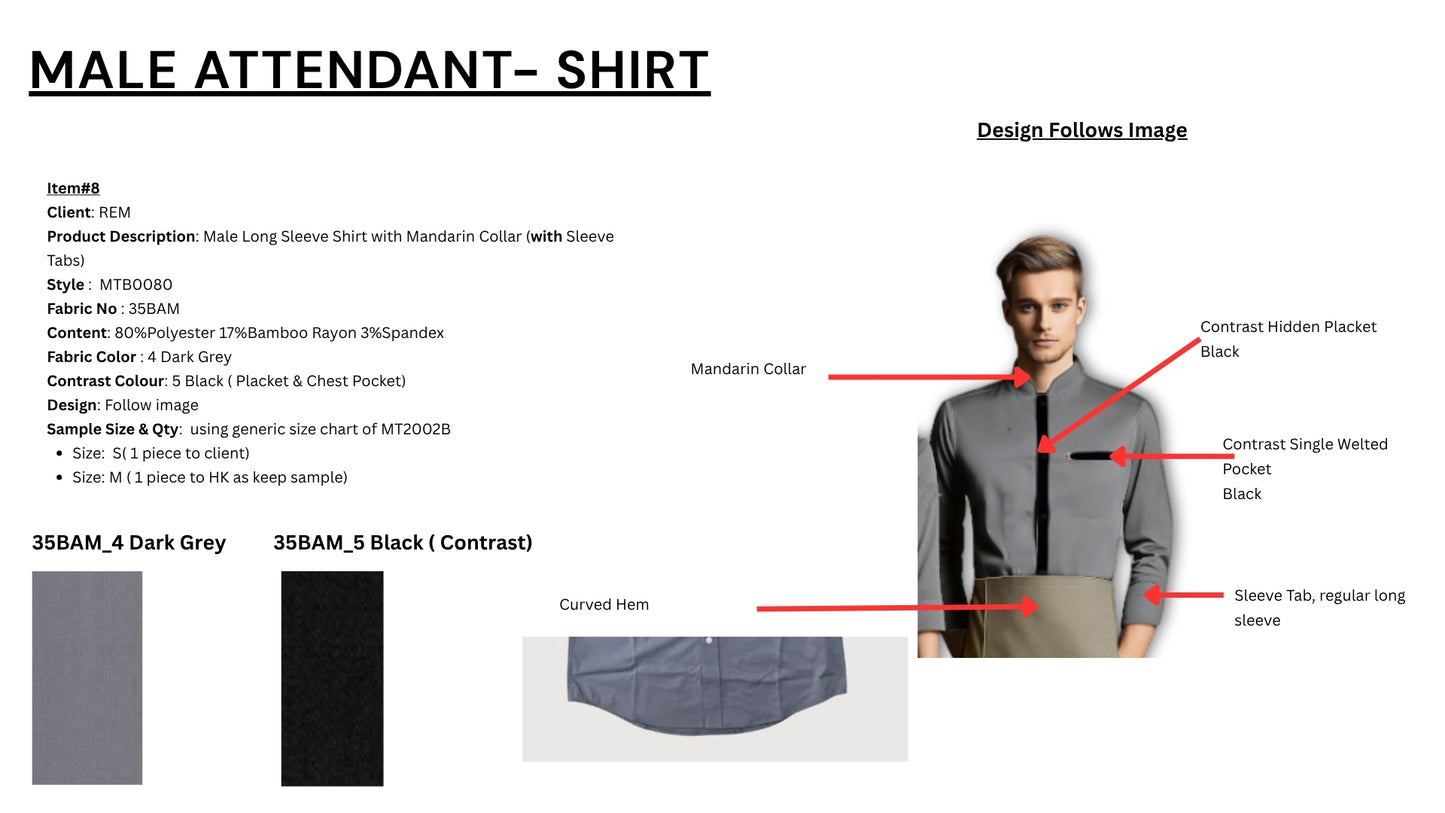 Male Long Sleeve Shirt with Mandarin Collar ( with Sleeve Tabs) MTB0080