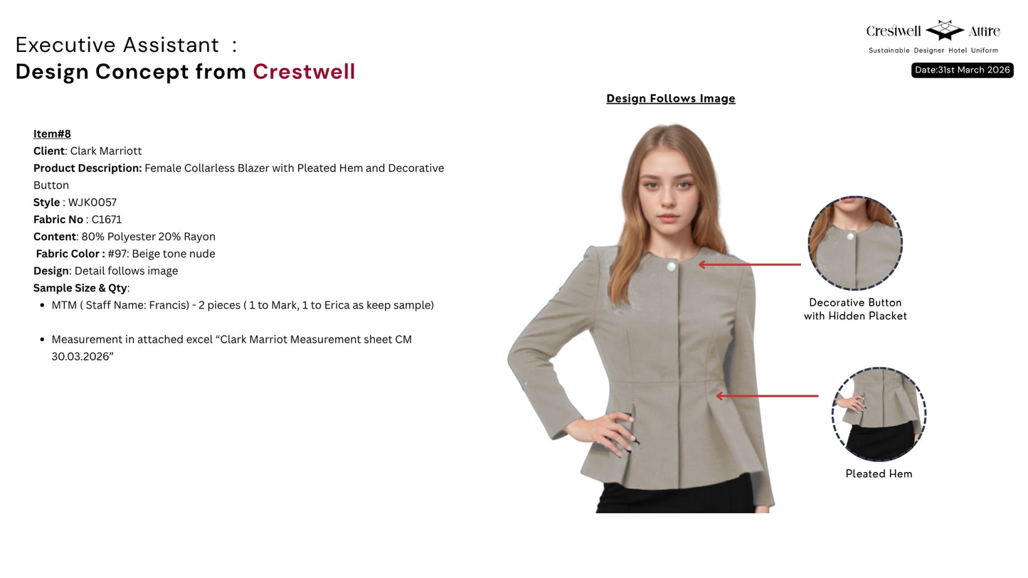 Female Collarless Blazer with Pleated Hem and Decorative Button WJK0057