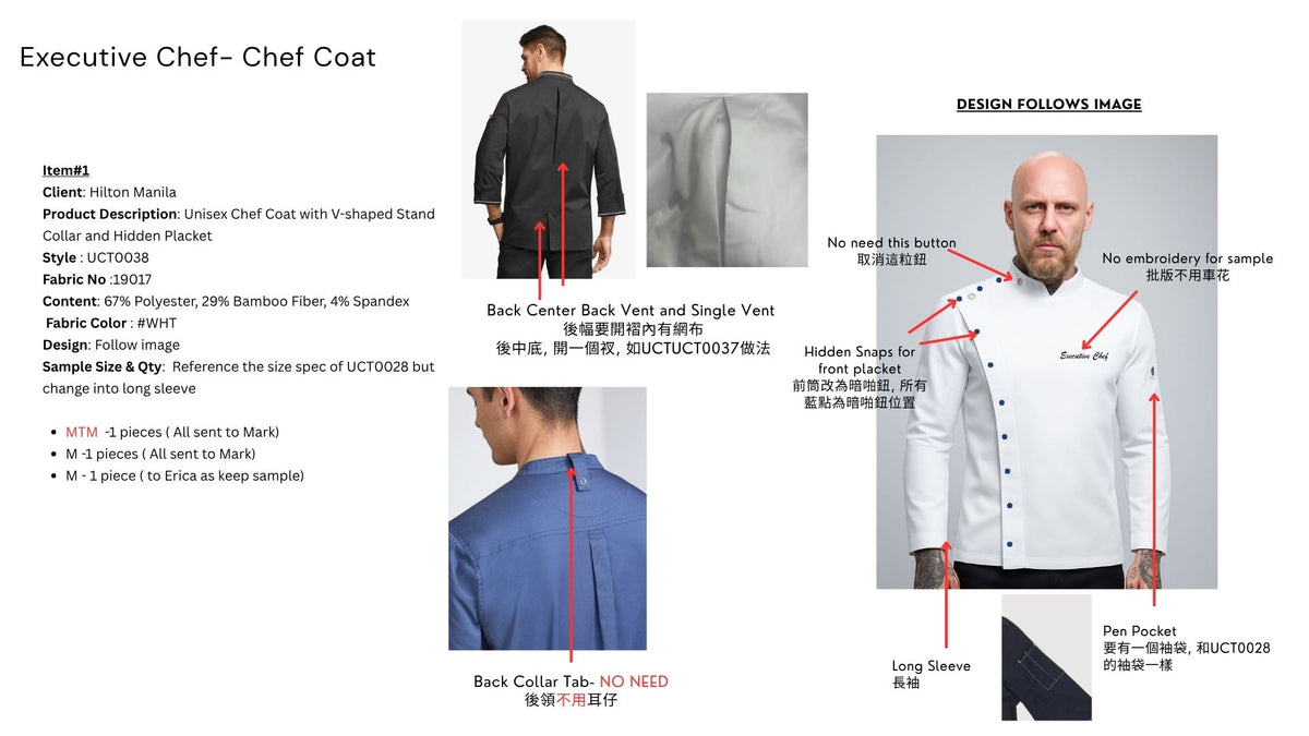 Unisex Chef Coat with V-shaped Stand Collar and Hidden Placket UCT0038
