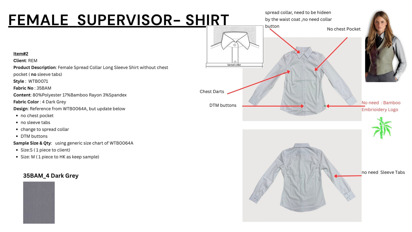 Female Spread Collar Long Sleeve Shirt without chest pocket ( no sleeve tabs) WTB0071