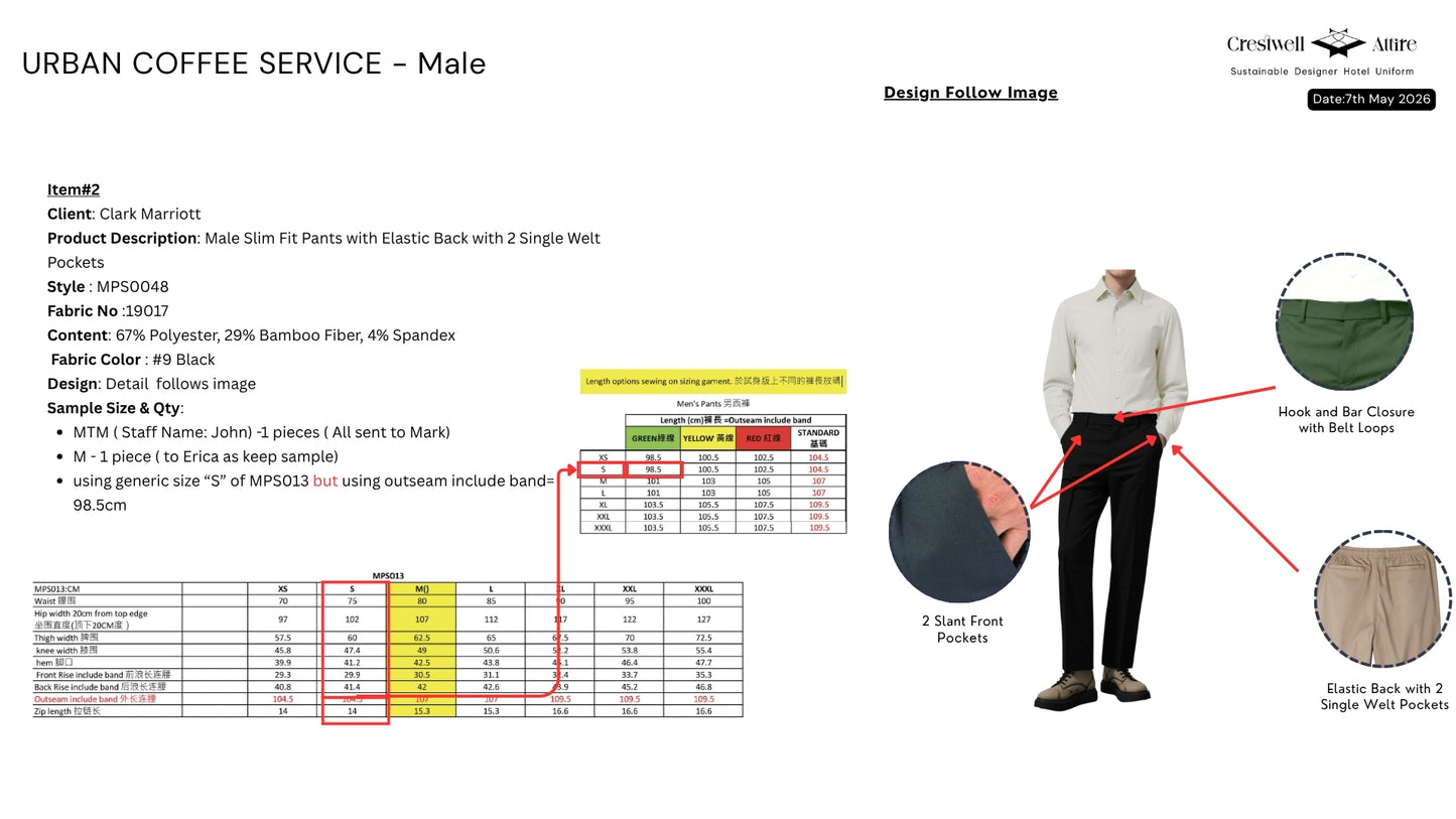 Male Slim Fit Pants with Elastic Back with 2 Single Welt Pockets MPS0048