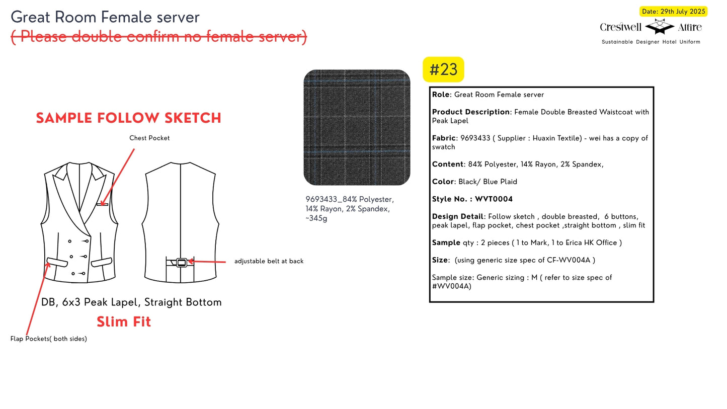 Marriott F&B Great Room Female server Double Breasted Waistcoat with Peak Lapel WVT0004