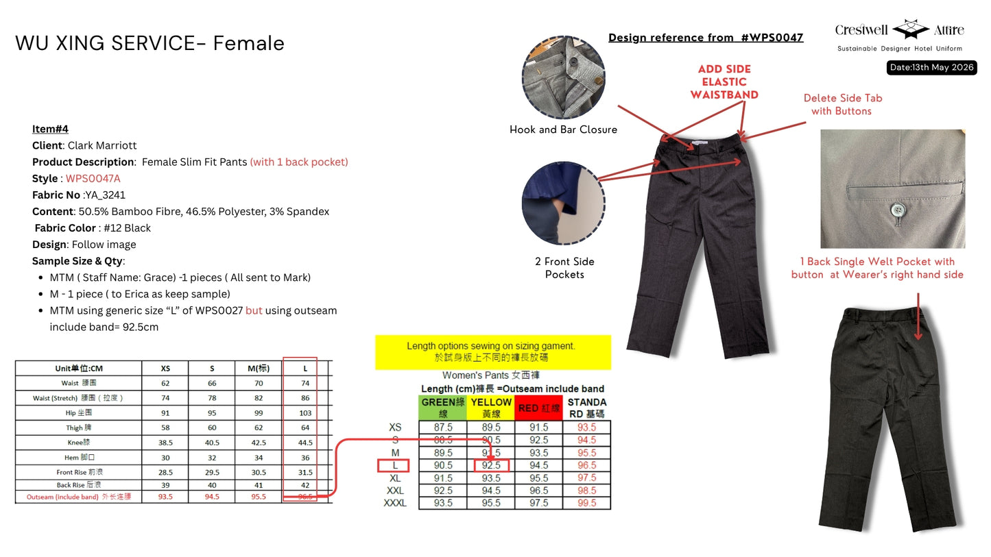 Female Slim Fit Pants (with 1 back pocket ) WPS0047A