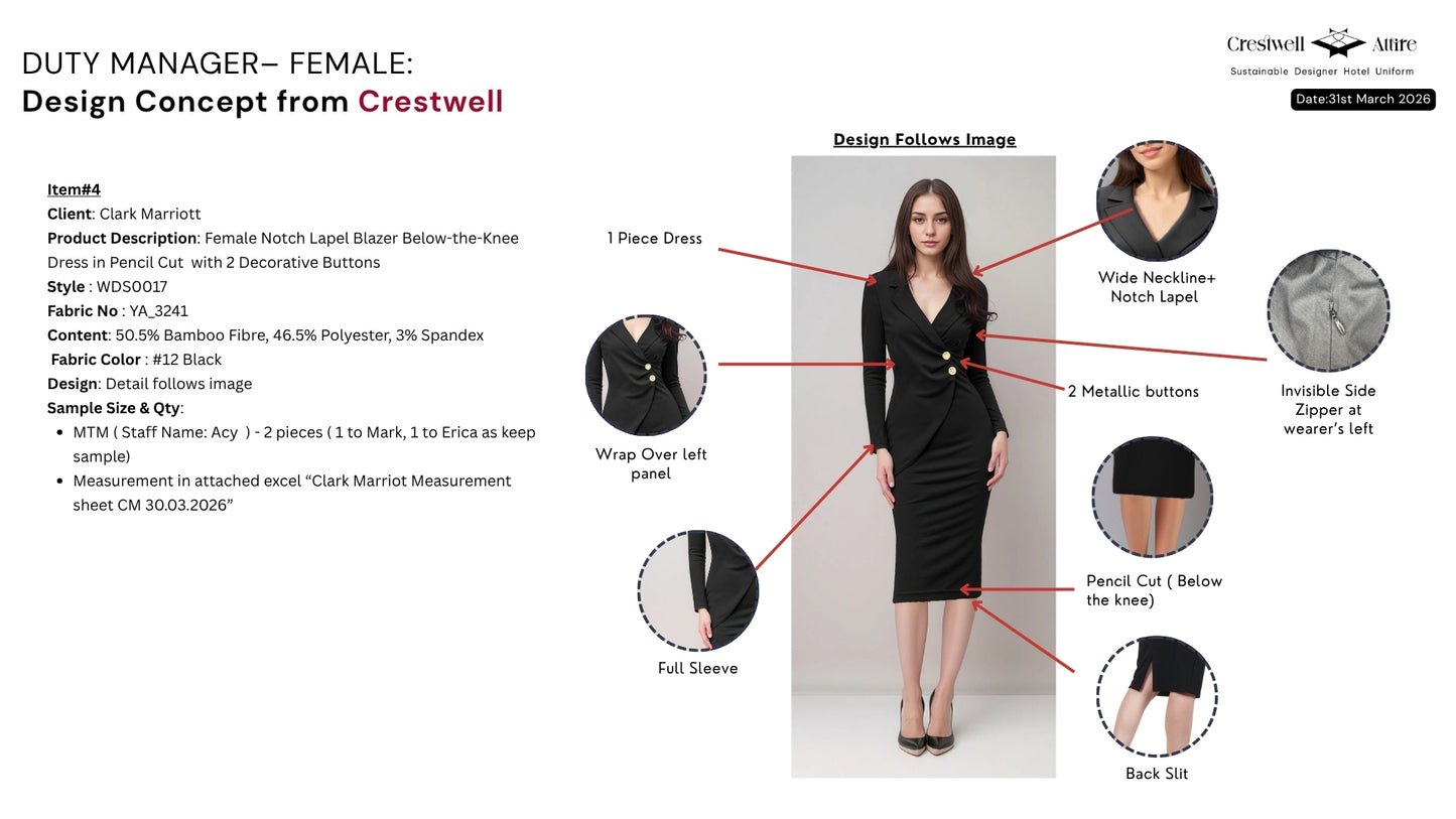 Female Notch Lapel Blazer Below-the-Knee Dress in Pencil Cut with 2 Decorative Buttons WDS0017