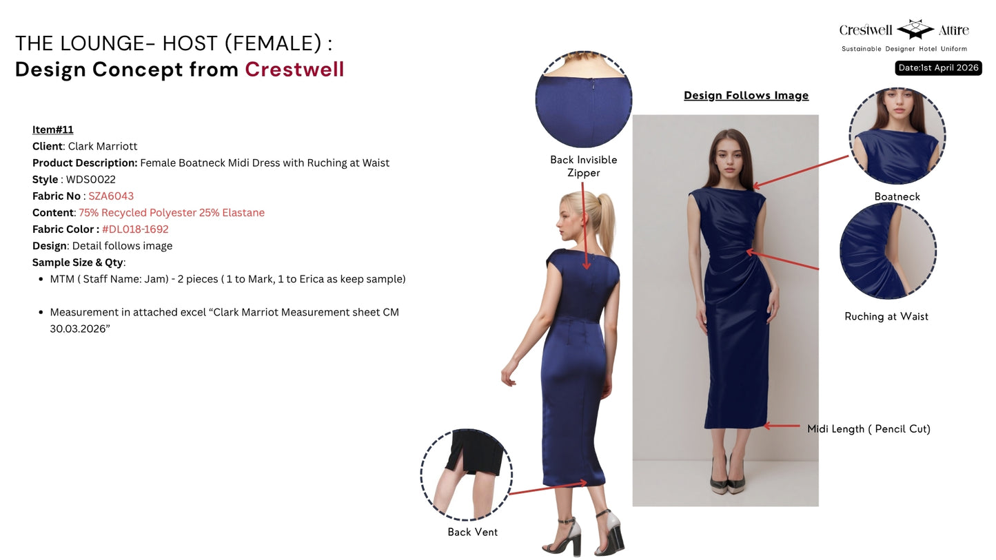 Female Boatneck Midi Dress with Ruching at Waist WDS0022