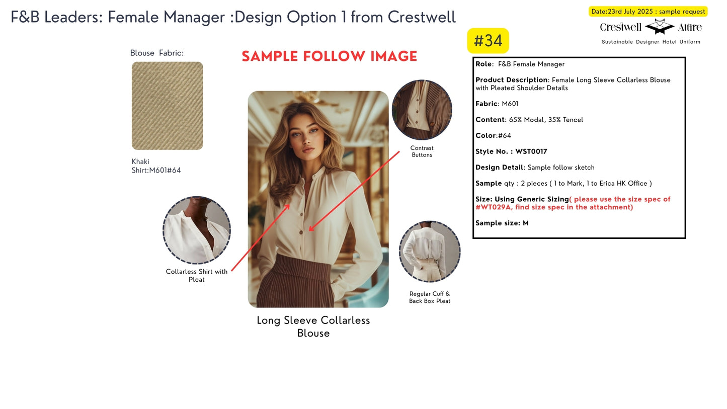 Marriott F&B Leaders Female Manager Long Sleeve Collarless Blouse with Pleated Shoulder Details WST0017