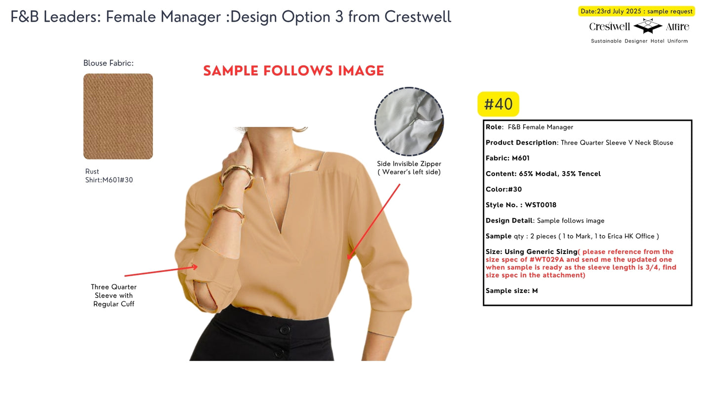 Marriott F&B Female Manager Three Quarter Sleeve V Neck Blouse WST0018
