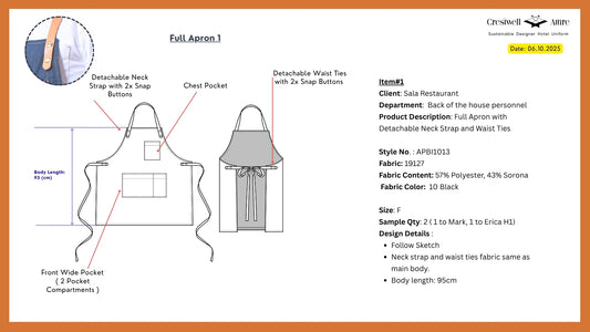 Blackbird Sala Restaurant Back of the house personnel Full Apron with Detachable Neck Strap and Waist Ties APBI1013