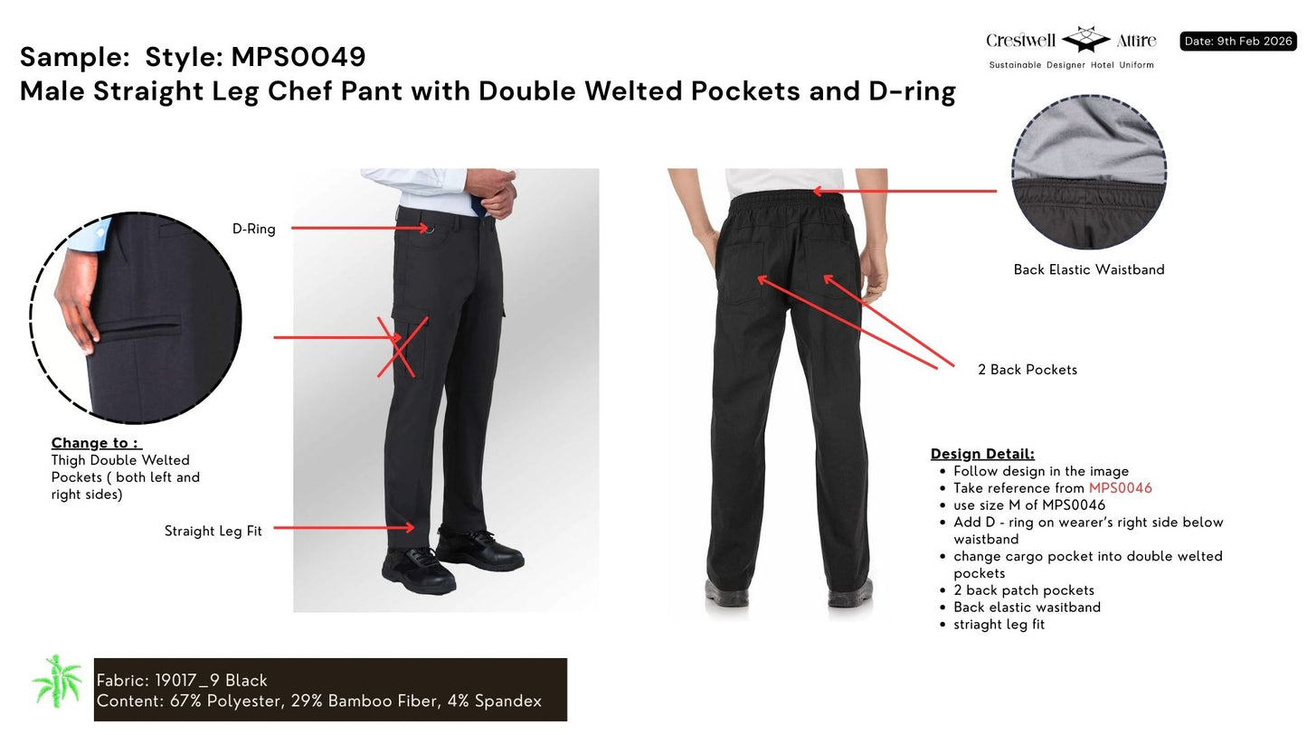 Male Straight Leg Chef Pant with Double Welted Pockets and D-ring MPS0049