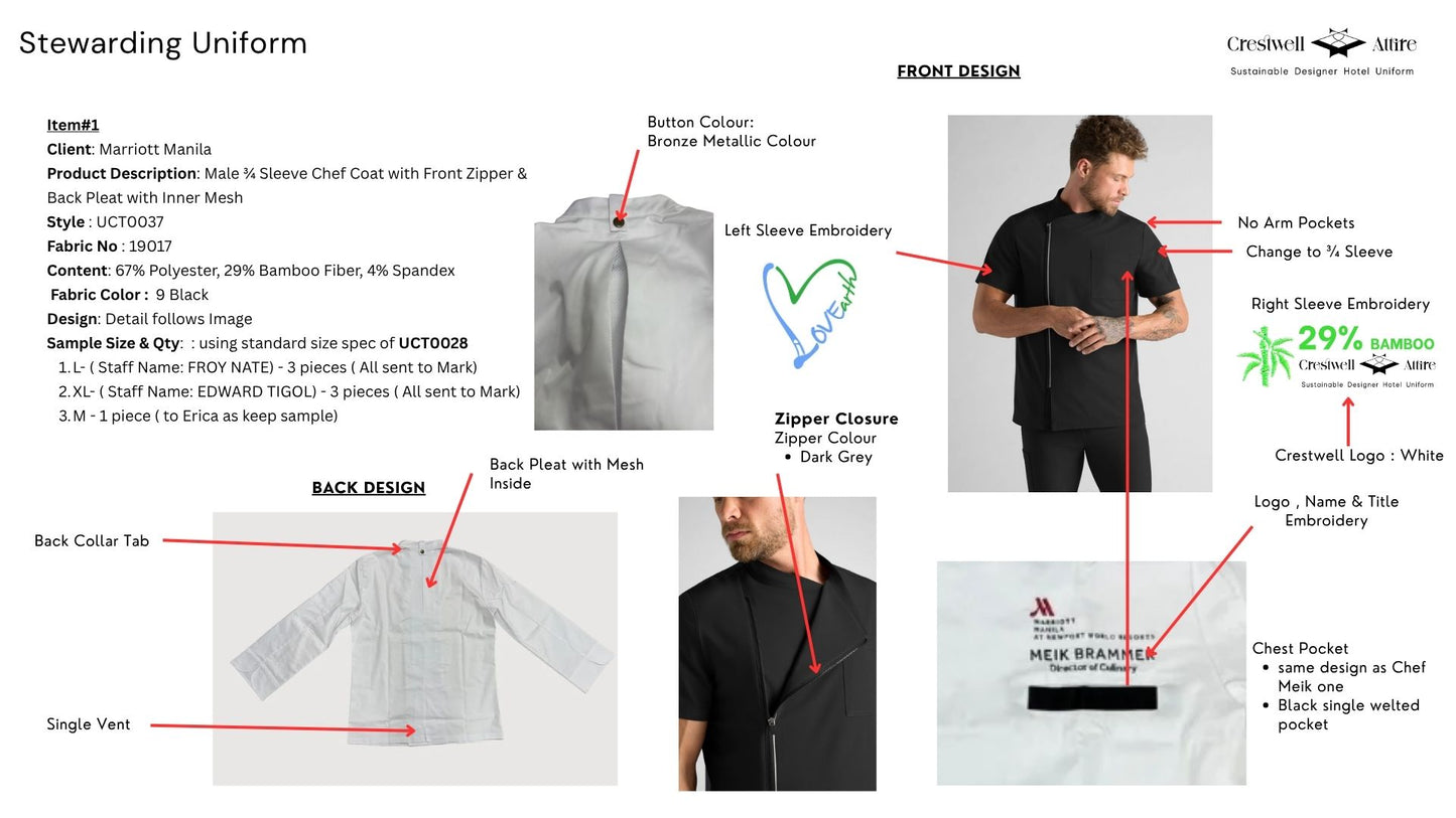Male ¾ Sleeve Chef Coat with Front Zipper & Back Pleat with Inner Mesh UCT0037