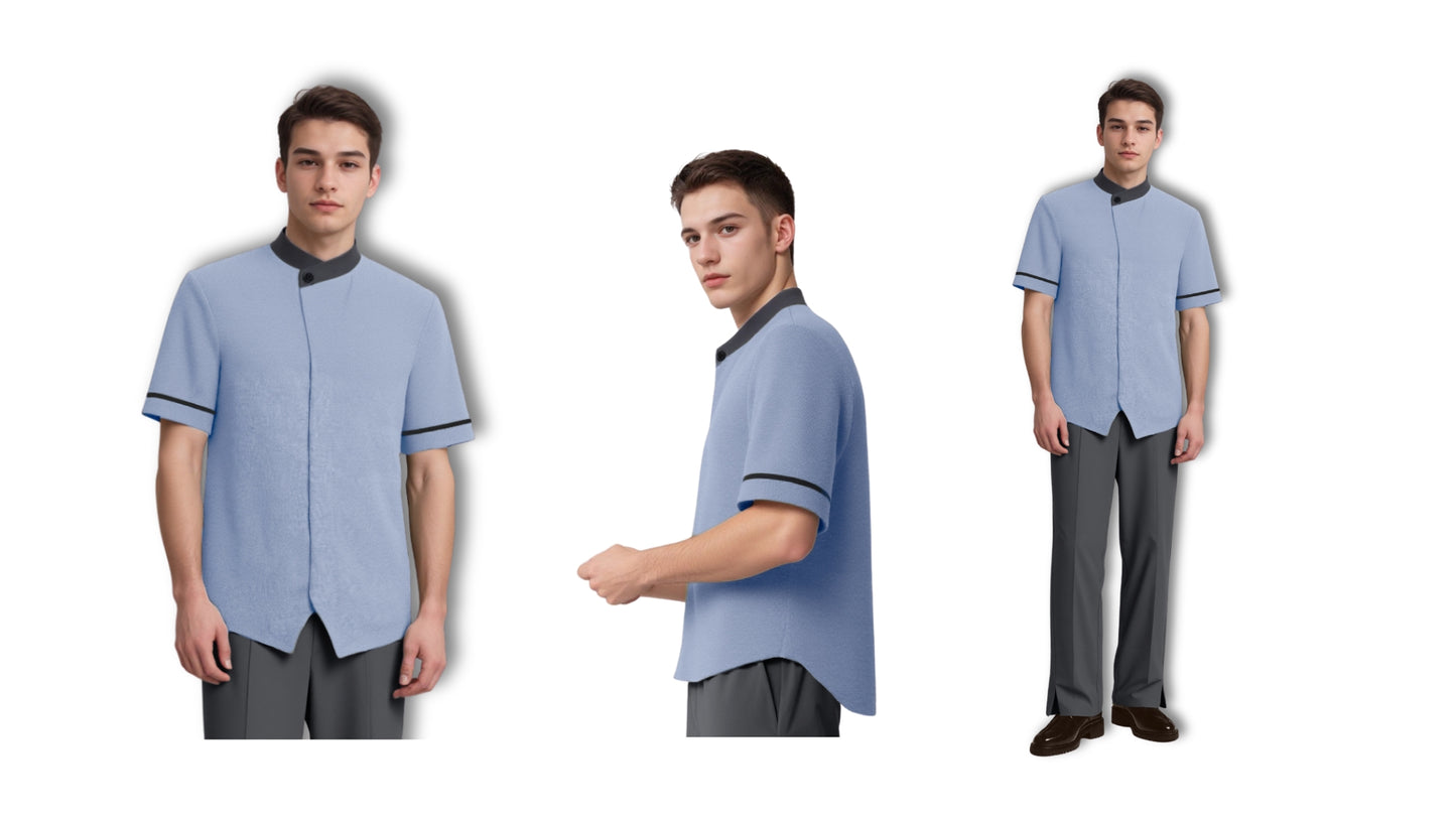Male Mandarin Collar Short Sleeve Shirt with Waistcoat Hem MTB0070
