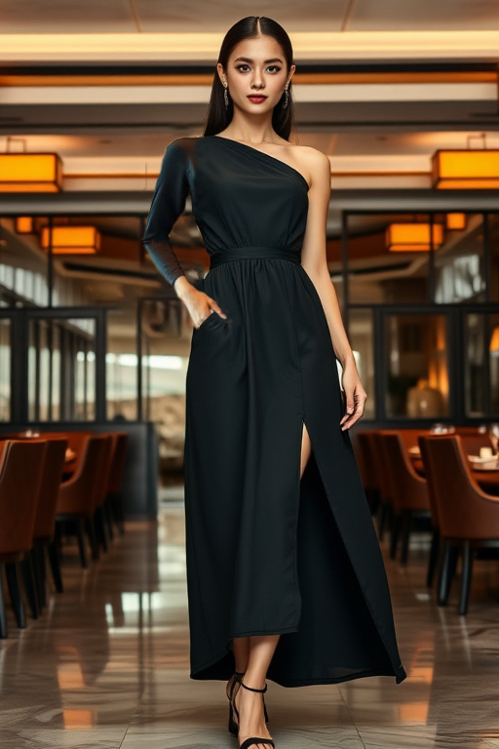 Marriott F&B Cru Steakhouse Receptionist Female One Shoulder Maxi Dress with Side Slit WDS0010