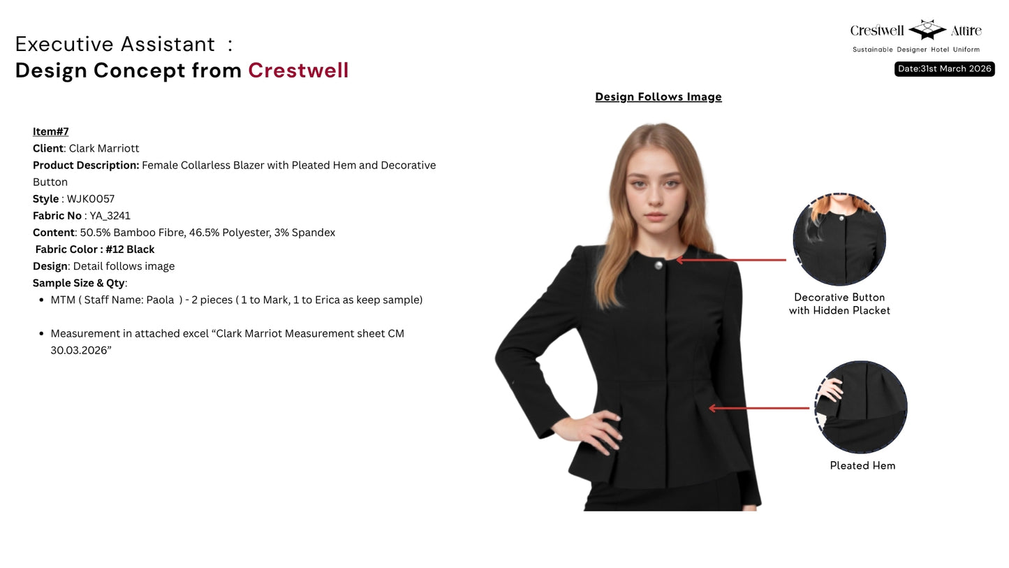 Female Collarless Blazer with Pleated Hem and Decorative Button WJK0057