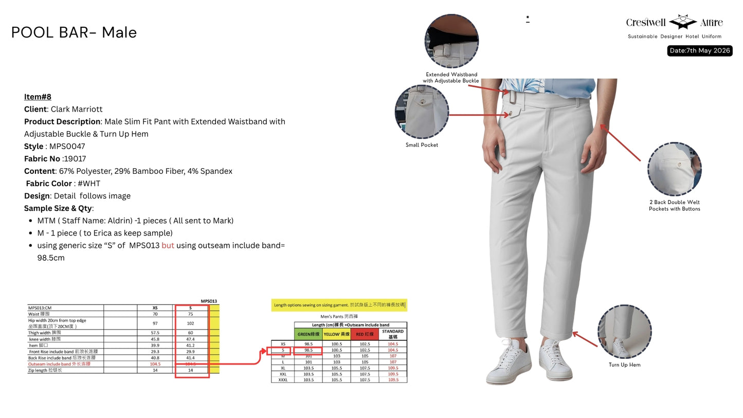 Male Slim Fit Pant with Extended Waistband with Adjustable Buckle & Turn Up Hem MPS0047