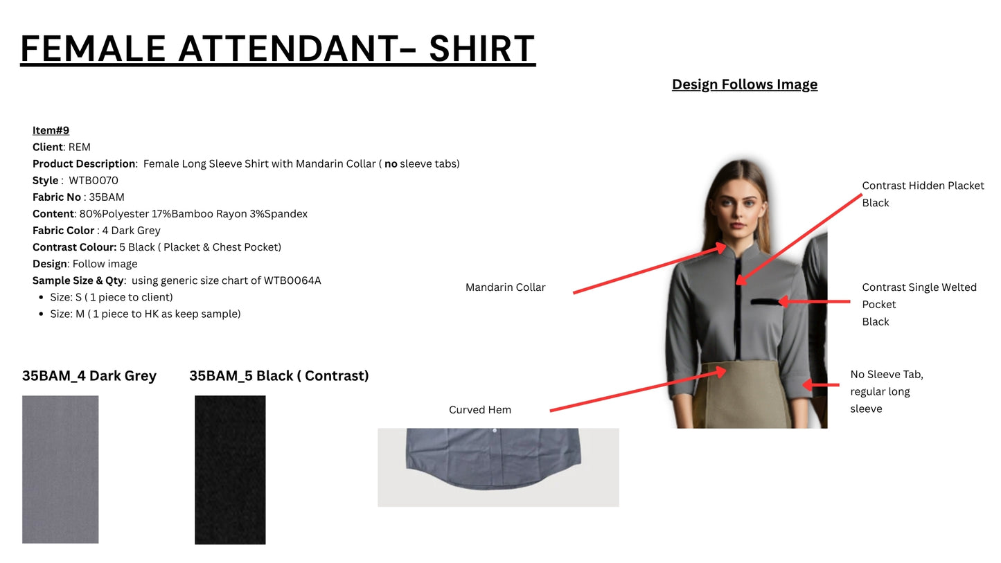 Female Long Sleeve Shirt with Mandarin Collar ( no sleeve tabs) WTB0070
