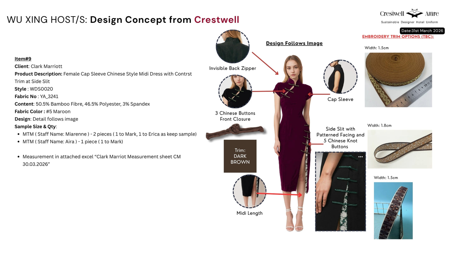 Female Cap Sleeve Chinese Style Midi Dress with Contrst Trim at Side Slit WDS0020