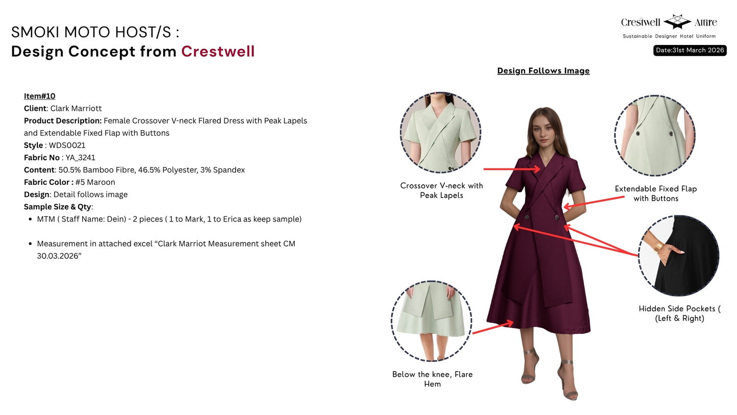 Female Crossover V-neck Flared Dress with Peak Lapels and Extendable Fixed Flap with Buttons WDS0021