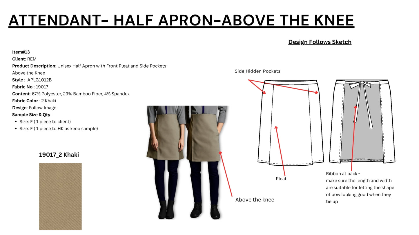 Unisex Half Apron with Front Pleat and Side Pockets- Above the Knee APLG1012B