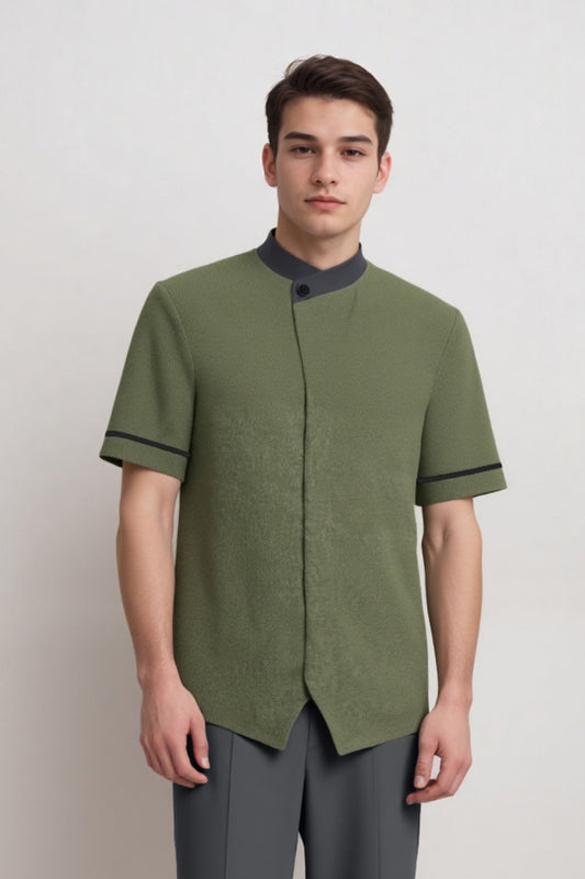 Male Mandarin Collar Short Sleeve Shirt with Waistcoat Hem MTB0070