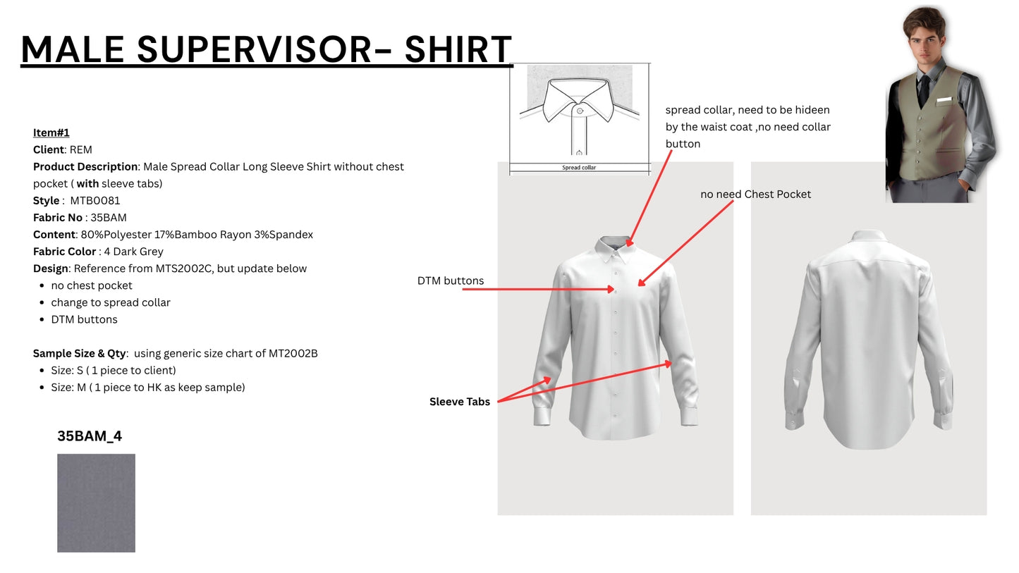 Male Spread Collar Long Sleeve Shirt without chest pocket ( with sleeve tabs) MTB0081