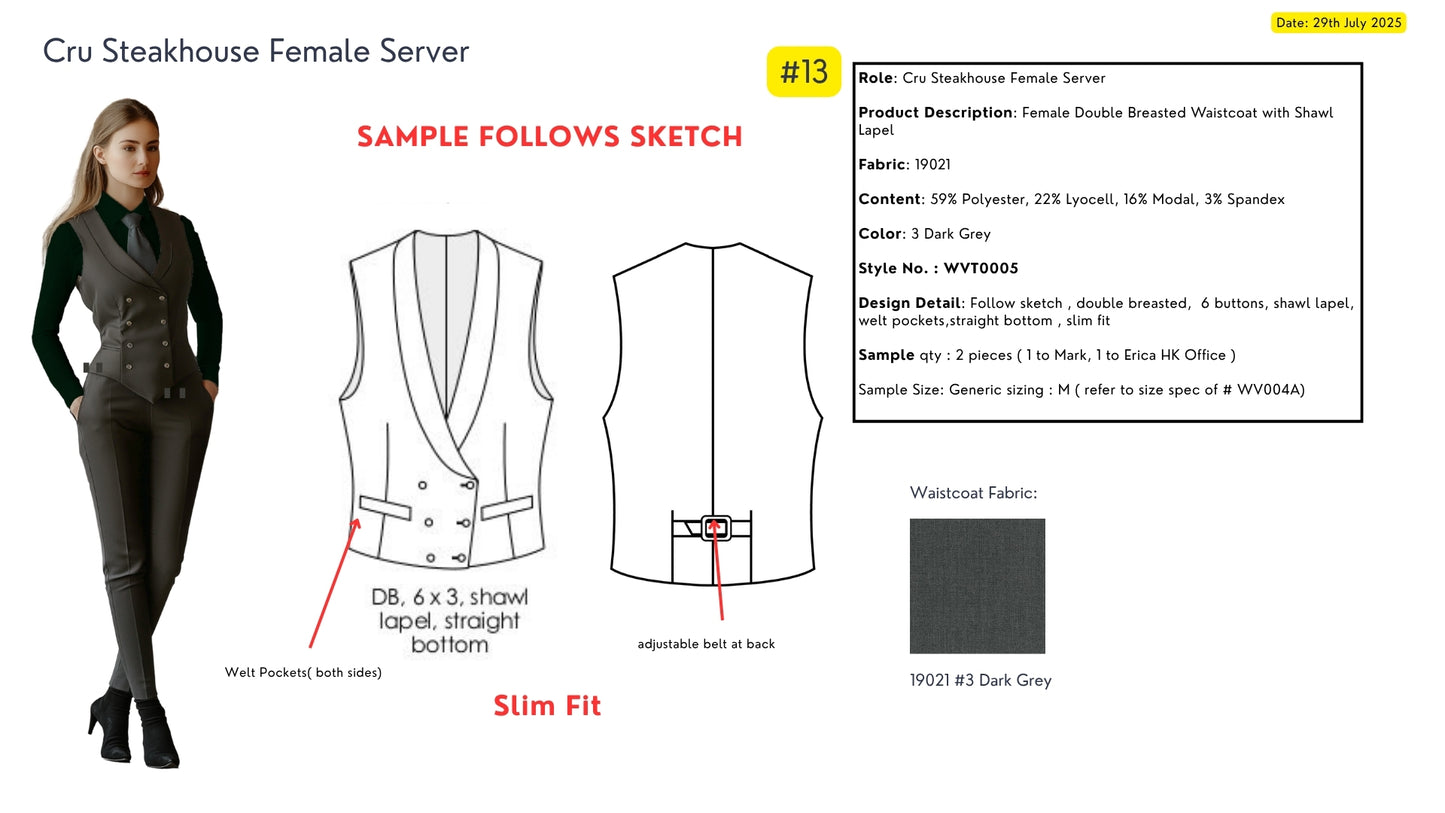 Marriott F&B Cru Steakhouse  Female server Double Breasted Waistcoat with Shawl Lapel WVT0005