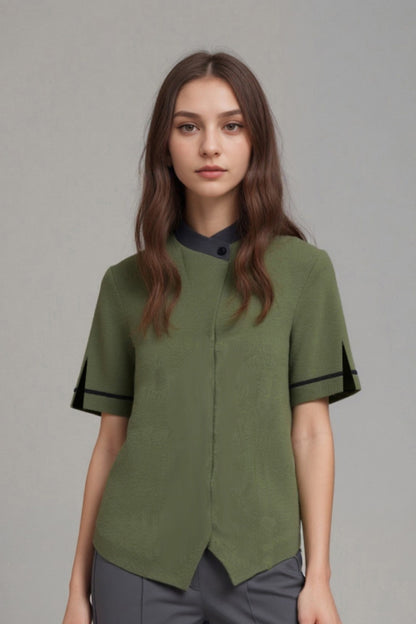 Female Mandarin Collar Short Sleeve Shirt with Waistcoat Hem & Slit at Sleeve WTB0065