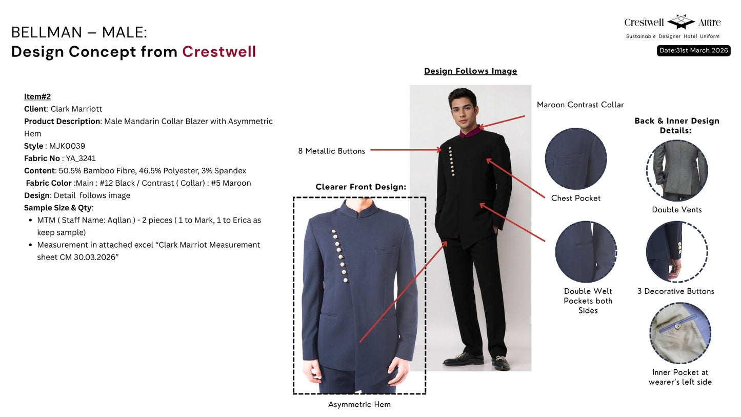Male Mandarin Collar Blazer with Asymmetric Hem MJK0039