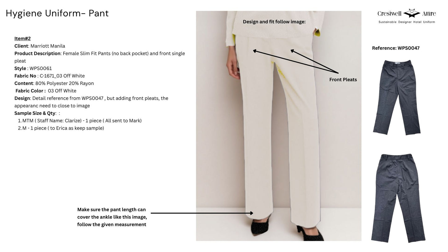 Female Slim Fit Pants (no back pocket) and front single pleat WPS0061
