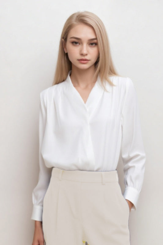 Female Long Sleeve V neck Shirt with Shoulder Pleats WST0032