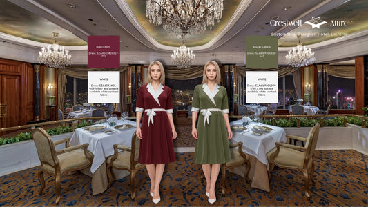 Island Shangri-La  Restaurant Petrus Female Half Sleeve Flare Dress with Contrast Waist Tie, Lapel Collar and Cuff WDS0015