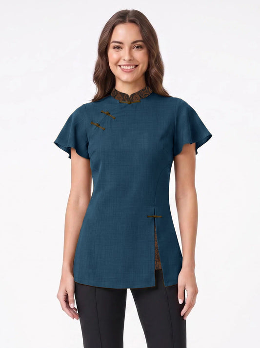 Female Mandarin Colloar Flare Short Sleeve Top with Front Slit WTB0073