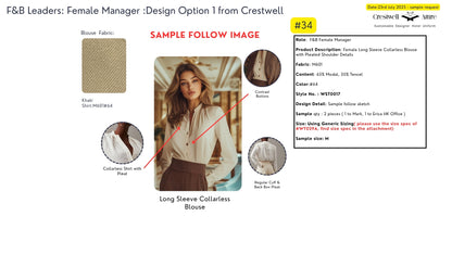 Marriott F&B Leaders Female Manager Long Sleeve Collarless Blouse with Pleated Shoulder Details WST0017
