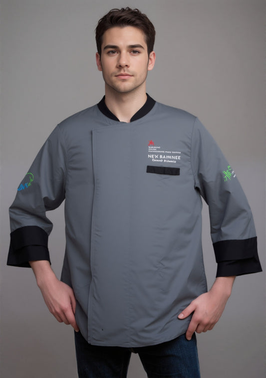 Male Long Sleeve Chef Coat with Contrast Collar, Chest Pocket and Cuff UCT0031