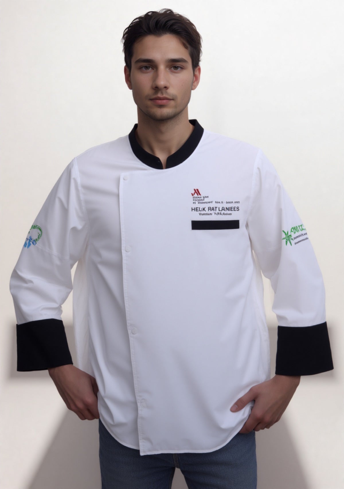 Male Long Sleeve Chef Coat with Contrast Collar, Chest Pocket and Cuff UCT0031