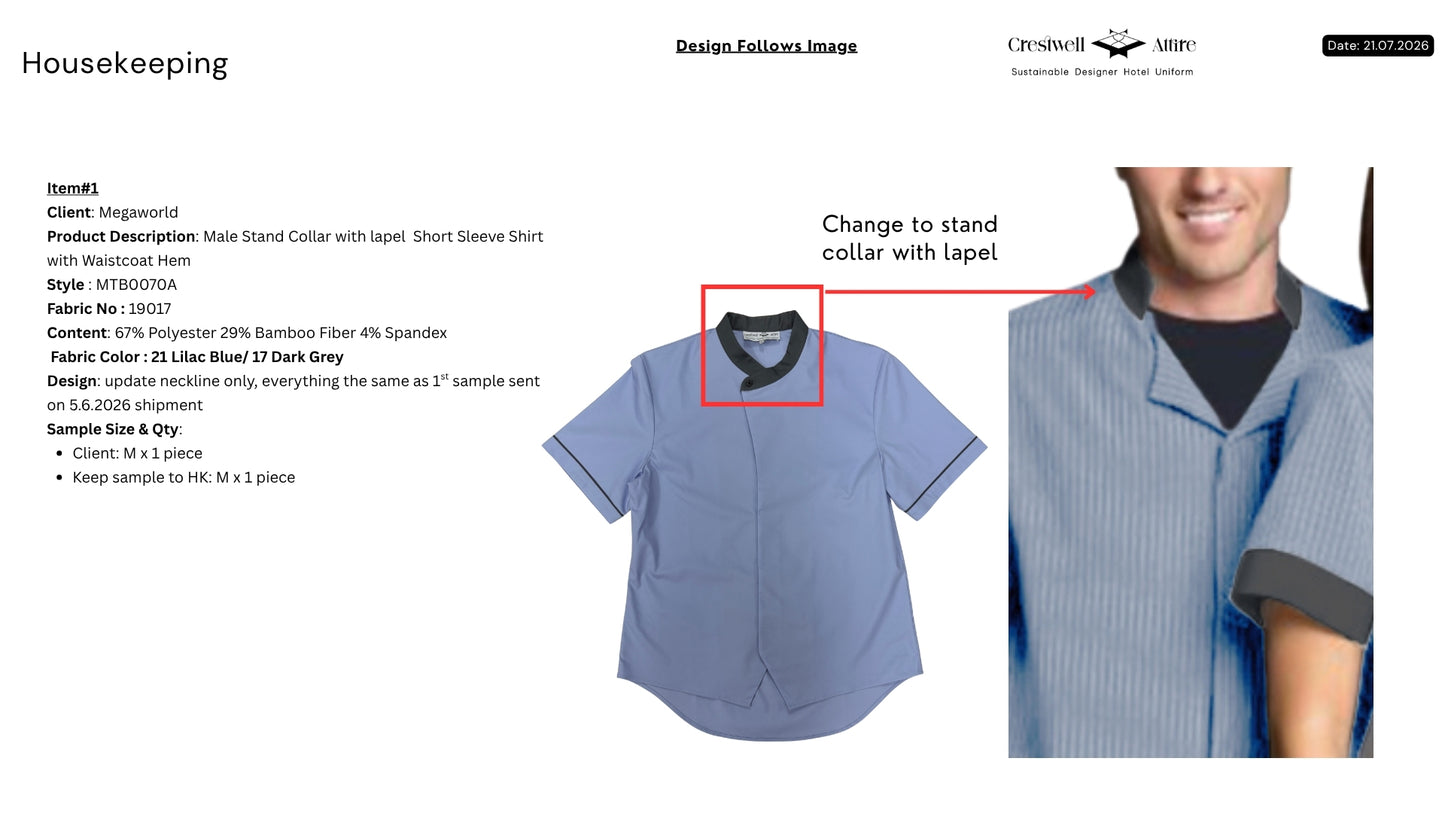 Male Stand Collar with lapel  Short Sleeve Shirt with Waistcoat Hem MTB0070A