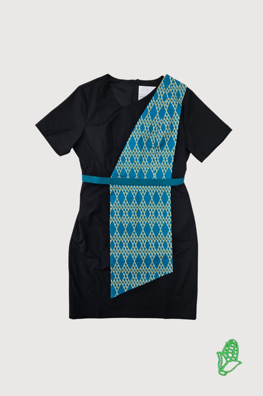 Vela Dhi/ Vela be Female Short Sleeve Asymmetric V Neck  Dress with Detachable Printed Panel WDS0013