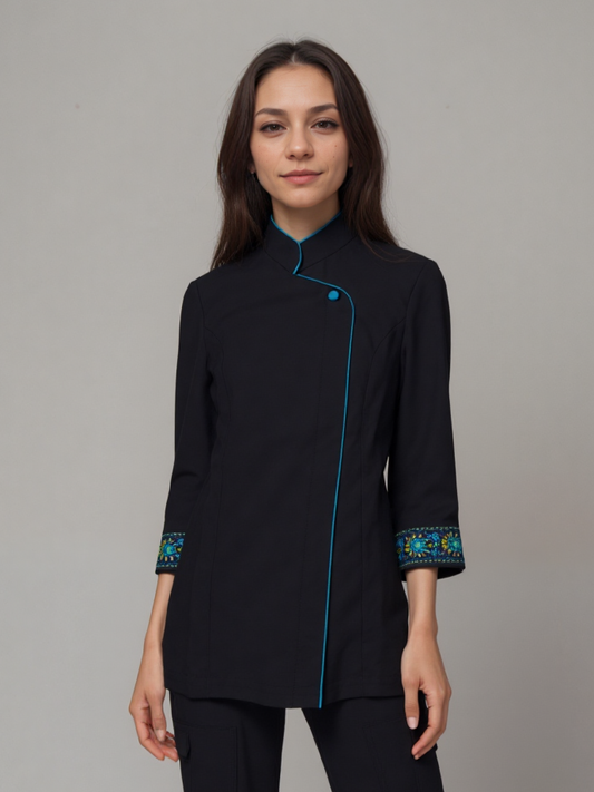 Female Three Quarter Sleeve Top with Embroidered Trim Cuff and Contrast Piping WST0022