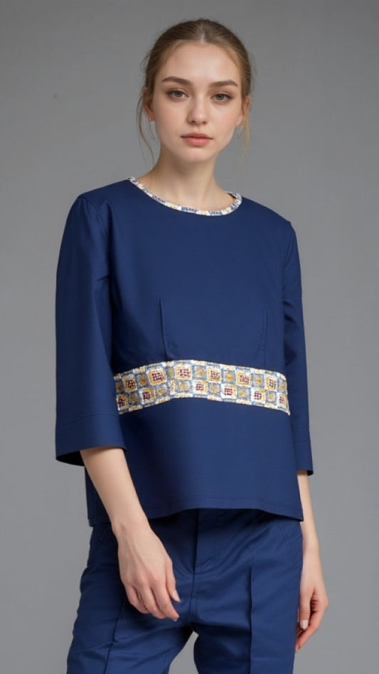 Female Quarter Sleeve Top with Pattered Neck and Waist Trim WST0029