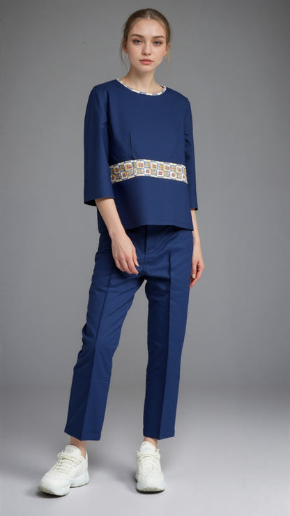 Female Quarter Sleeve Top with Pattered Neck and Waist Trim WST0029