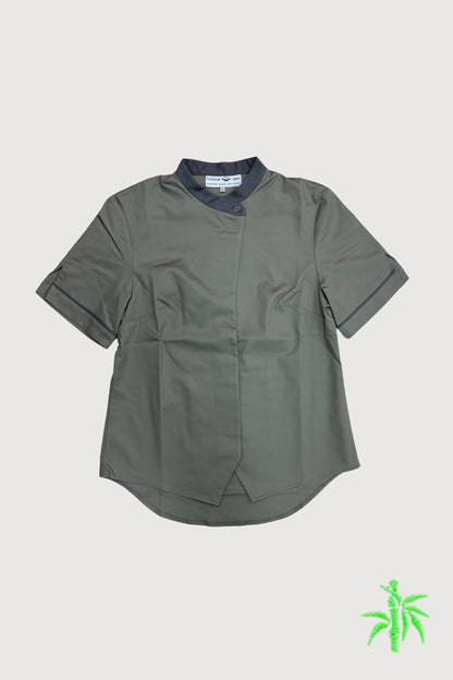 Female Mandarin Collar Short Sleeve Shirt with Waistcoat Hem & Slit at Sleeve WTB0065